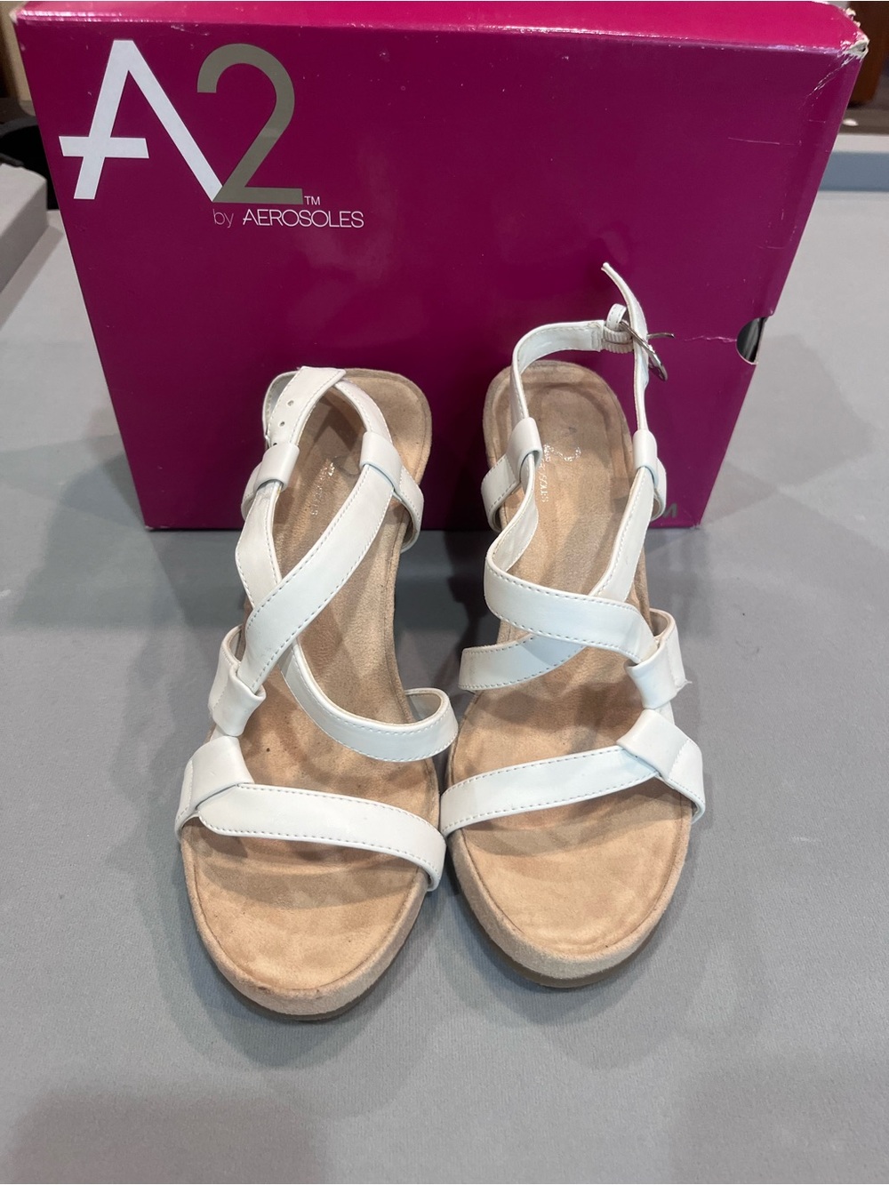 A2 By Aerosoles White Strappy Cork Wedge Sandals - Picture 2 of 3